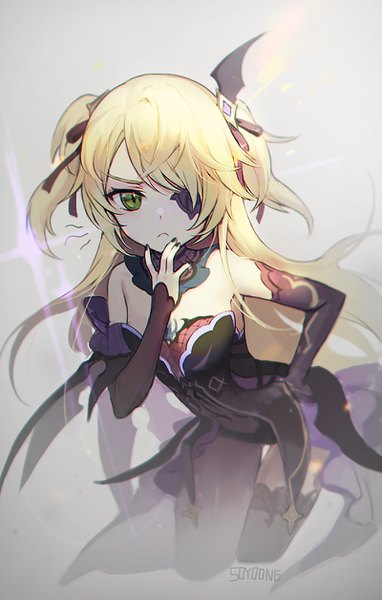 Anime picture 800x1255 with genshin impact fischl (genshin impact) soyoong jun single long hair tall image fringe blonde hair green eyes signed grey background two side up hand on hip hand to mouth girl ribbon (ribbons) hair ribbon detached sleeves detached collar eyepatch