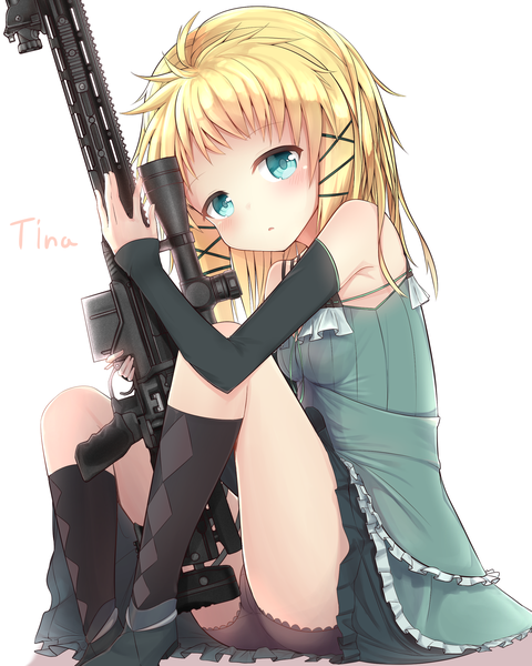 Anime-Bild 2000x2500 mit black bullet kinema citrus tina sprout single tall image blush highres short hair blue eyes light erotic blonde hair white background girl skirt underwear panties weapon detached sleeves miniskirt socks