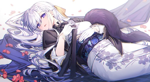 Anime picture 1268x700 with azur lane belfast (azur lane) belfast (gorgeous fans) (azur lane) coyucom single long hair looking at viewer blush fringe breasts open mouth smile hair between eyes wide image purple eyes payot silver hair lying braid (braids) long sleeves