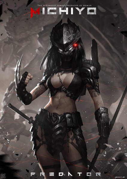 Anime picture 1061x1500 with predator original xiaoguimist single long hair tall image breasts light erotic black hair standing holding signed cleavage tattoo text glowing english monster girl white eyes logo