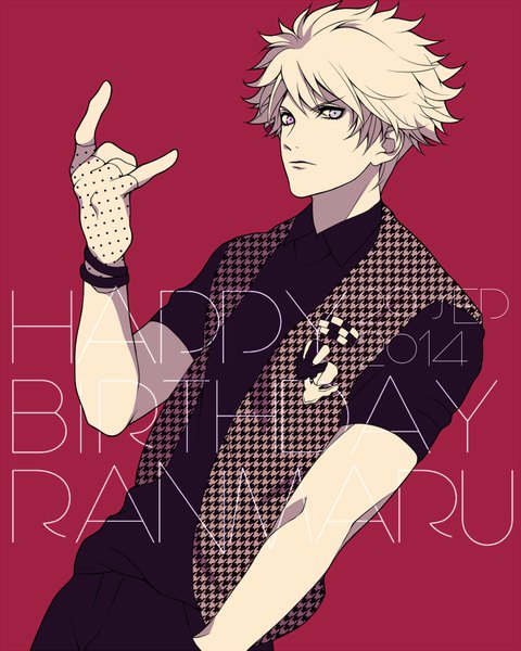 Anime picture 700x875 with uta no prince-sama a-1 pictures kurosaki ranmaru myua single tall image looking at viewer short hair simple background character names heterochromia monochrome red background polka dot hand in pocket happy birthday mmm boy gloves fingerless gloves