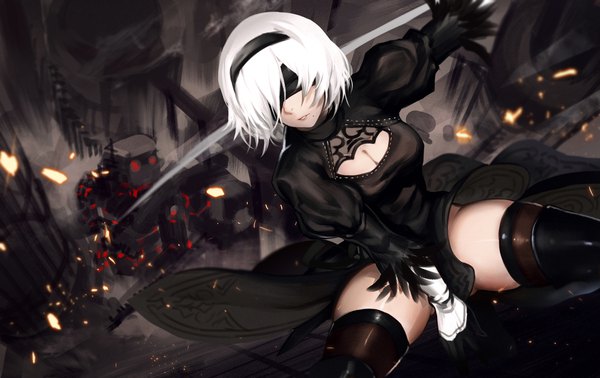 Anime picture 2394x1510 with nier nier:automata yorha no. 2 type b xiaoshou xiansheng single highres short hair light erotic cleavage white hair eyes closed mole mole under mouth battle girl thighhighs dress gloves black thighhighs black gloves