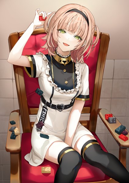 Anime picture 1240x1754 with original lego lloule single tall image looking at viewer fringe short hair open mouth smile brown hair sitting holding green eyes indoors blunt bangs head tilt :d short sleeves two side up