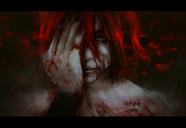 Anime picture 1300x900 with original lyn (original character) nanfe looking at viewer short hair bare shoulders signed red hair nail polish lips black eyes realistic dated dark background letterboxed pale skin covering eye (eyes) 2014 boy blood