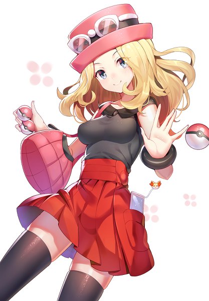 Anime picture 834x1200 with pokemon pokemon (game) pokemon xy nintendo serena (pokemon) fennekin ririko (zhuoyandesailaer) single long hair tall image looking at viewer blush breasts blue eyes simple background blonde hair smile white background holding head tilt