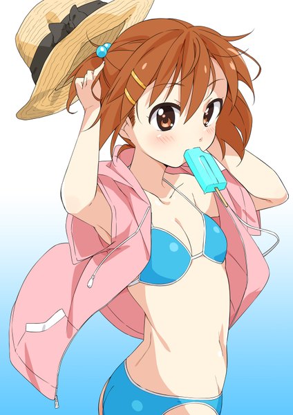 Anime picture 2481x3508 with k-on! kyoto animation hirasawa yui mousou (mousou temporary) single tall image looking at viewer fringe highres short hair light erotic hair between eyes brown hair holding brown eyes gradient background mouth hold side ponytail girl hair ornament