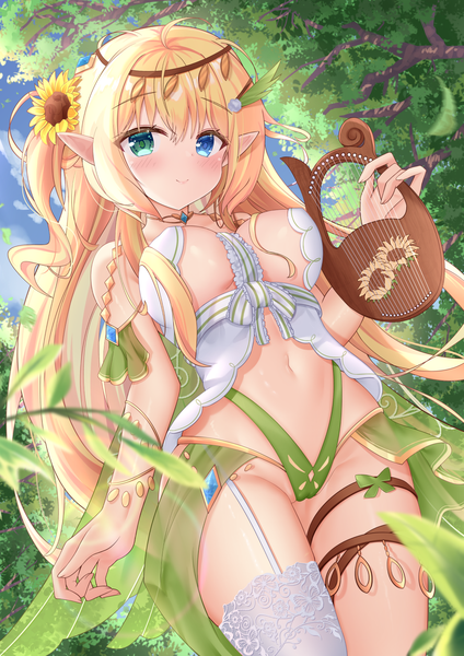 Anime picture 1157x1637 with original ss851251 single long hair tall image looking at viewer blush fringe breasts blue eyes light erotic blonde hair smile hair between eyes large breasts standing bare shoulders holding green eyes payot