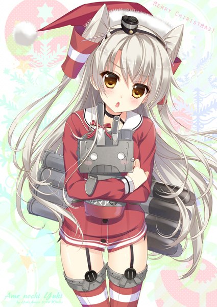 Anime picture 706x996 with kantai collection amatsukaze destroyer rensouhou-kun ameto yuki long hair tall image looking at viewer blush fringe open mouth light erotic hair between eyes standing holding yellow eyes silver hair inscription two side up fur trim christmas