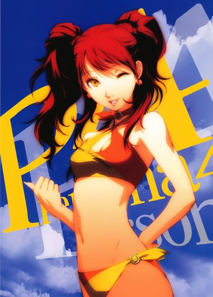 Anime picture 2762x3858 with persona 4 persona kujikawa rise soejima shigenori single long hair tall image highres smile brown hair twintails yellow eyes one eye closed wink inscription girl navel swimsuit earrings choker