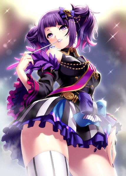 Anime picture 1000x1402 with idolmaster idolmaster shiny colors tanaka mamimi zen (kamuro) single tall image looking at viewer blush fringe short hair light erotic standing purple eyes twintails bare shoulders holding purple hair nail polish parted lips multicolored hair