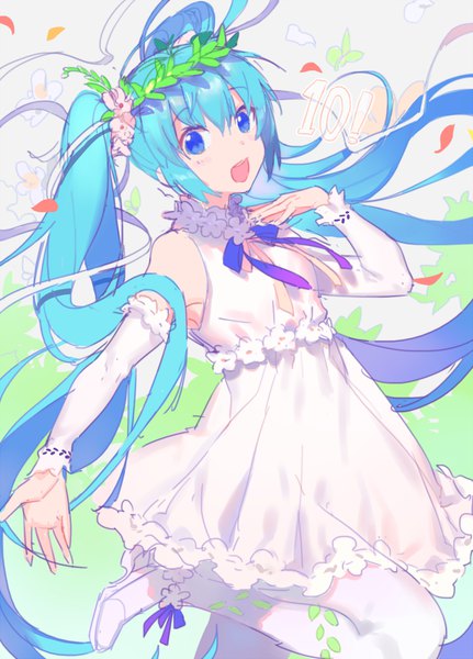 Anime picture 800x1113 with vocaloid hatsune miku heiwa (murasiho) single tall image looking at viewer fringe open mouth blue eyes hair between eyes twintails bent knee (knees) very long hair :d aqua hair outstretched arm girl dress ribbon (ribbons) detached sleeves