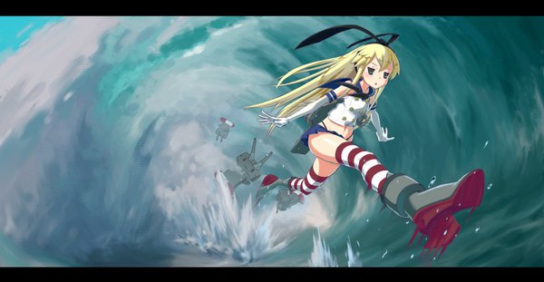 Anime picture 1600x830 with kantai collection shimakaze destroyer rensouhou-chan kaku choushi long hair looking at viewer blush blonde hair wide image grey eyes zettai ryouiki letterboxed :3 running girl thighhighs skirt gloves navel hair ornament