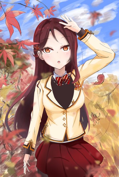 Anime picture 1228x1827 with love live! sunshine!! sunrise (studio) love live! sakurauchi riko natsume single long hair tall image looking at viewer blush breasts open mouth standing brown eyes sky cloud (clouds) outdoors red hair pleated skirt :o