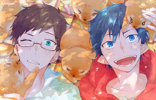 Anime picture 840x540 with ao no exorcist a-1 pictures okumura rin okumura yukio hanpen blush fringe short hair open mouth blue eyes brown hair signed blue hair lying :d one eye closed aqua eyes pointy ears sunlight multiple boys