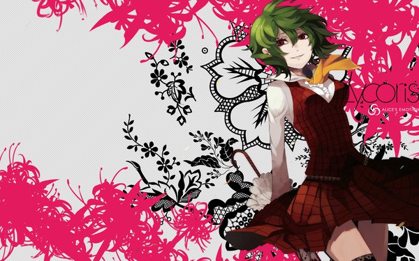 Anime picture 1920x1200 with touhou kazami yuuka riku (wana) redalice single looking at viewer highres short hair breasts smile red eyes large breasts long sleeves green hair wind wallpaper plaid skirt shaded face plaid floral background