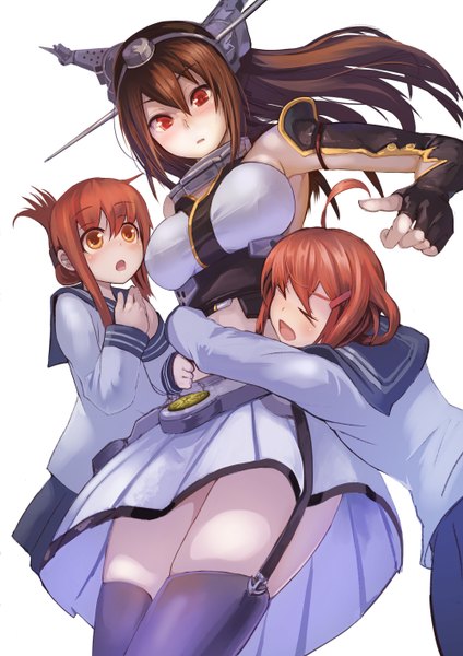 Anime picture 1000x1414 with kantai collection nagato battleship inazuma destroyer ikazuchi destroyer koruse long hair tall image blush short hair open mouth simple background red eyes brown hair white background multiple girls brown eyes ahoge hug girl thighhighs