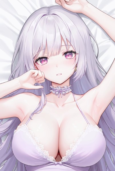 Anime picture 1375x2048 with original lethe (lethe187) single long hair tall image looking at viewer fringe breasts light erotic large breasts silver hair upper body lying blunt bangs parted lips pink eyes arms up armpit (armpits) on back girl