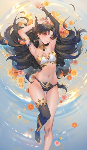 Anime picture 2039x3497 with fate (series) fate/grand order ishtar (fate) shou shizuku (deme) long hair tall image looking at viewer blush fringe highres breasts light erotic black hair smile red eyes cleavage full body head tilt light smile arms up