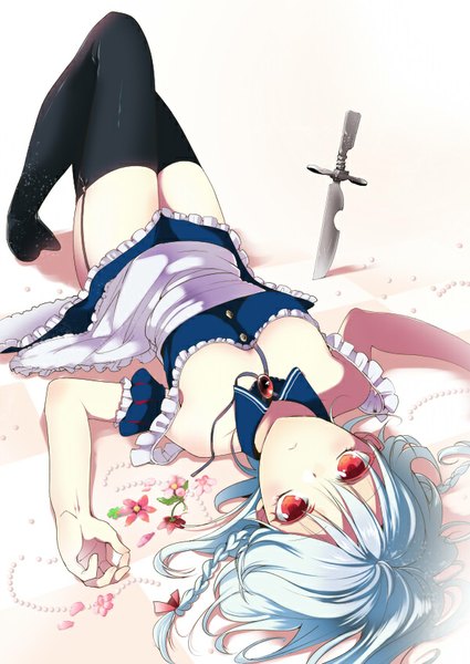 Anime picture 600x847 with touhou izayoi sakuya manyako (mohumohu) single tall image looking at viewer fringe short hair light erotic red eyes bent knee (knees) white hair lying braid (braids) maid no shoes twin braids spread arms girl thighhighs