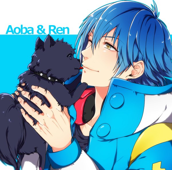 Anime picture 1181x1170 with dramatical murder nitro+chiral aoba (dmmd) ren (dmmd) kuwa ayase single fringe short hair hair between eyes holding yellow eyes blue hair looking away one eye closed open jacket character names licking headphones around neck boy animal