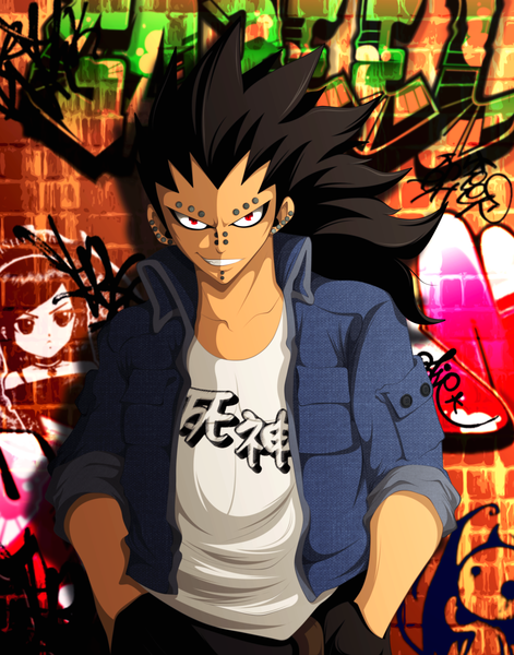 Anime picture 3960x5045 with fairy tail gajeel redfox thecarrotsaysyumyum single long hair tall image highres black hair smile red eyes absurdres grin piercing coloring hands in pockets graffiti boy pants