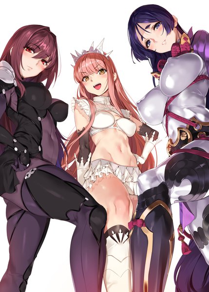 Anime picture 2591x3624 with fate (series) fate/grand order scathach (fate) (all) scathach (fate) minamoto no raikou (fate) medb (fate) yd (orange maru) long hair tall image looking at viewer blush fringe highres breasts open mouth blue eyes light erotic simple background smile hair between eyes