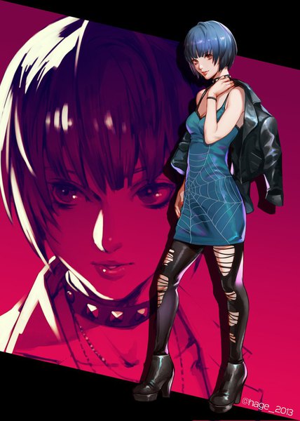 Anime picture 800x1122 with persona 5 persona takemi tae hage2013 single tall image fringe short hair red eyes signed blue hair realistic sleeveless twitter username torn pantyhose girl dress pantyhose choker shoes