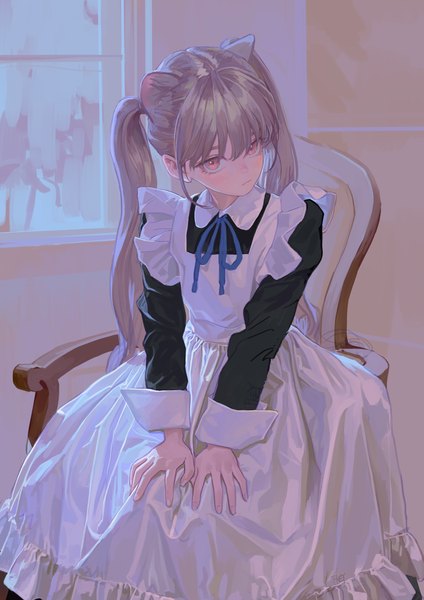 Anime picture 992x1403 with original feiqizi (fkey) fkey single long hair tall image looking at viewer blush fringe hair between eyes sitting twintails animal ears indoors long sleeves pink eyes grey hair cat ears maid cat girl