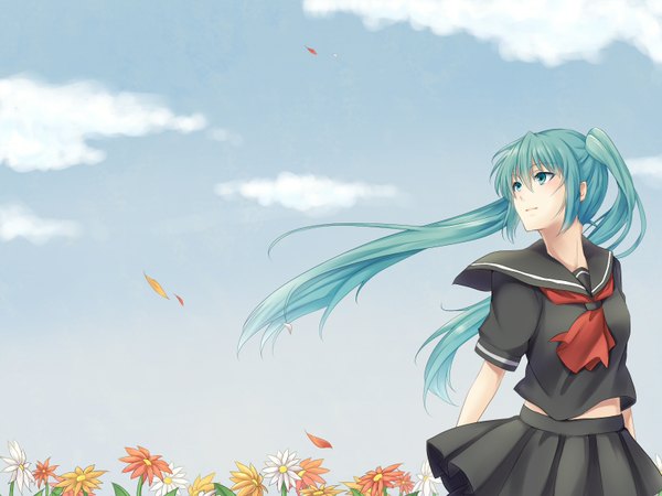 Anime picture 1600x1200 with vocaloid hatsune miku asausagi single long hair twintails sky cloud (clouds) looking back aqua eyes aqua hair girl flower (flowers) petals serafuku