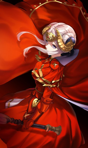 Anime picture 1000x1673 with fire emblem fire emblem: three houses nintendo edelgard von hresvelg misu kasumi single tall image looking at viewer short hair standing purple eyes holding payot silver hair horn (horns) from above wind hair bun (hair buns) covered mouth girl