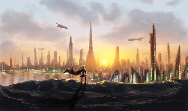 イラスト 1200x712 と alecyl (artist) wide image city evening sunset cityscape 近未来 panorama 航空機 airship