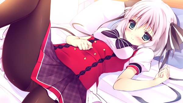 Anime picture 2168x1220 with zutto sukishite takusan sukishite housa serina tama two (fukuya) blush highres short hair blue eyes light erotic wide image game cg white hair girl uniform bow hair bow school uniform