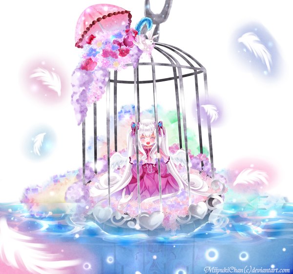 Anime picture 1500x1405 with original maruuki single blush open mouth twintails white hair eyes closed very long hair crying sad girl flower (flowers) water umbrella feather (feathers) crystal cage