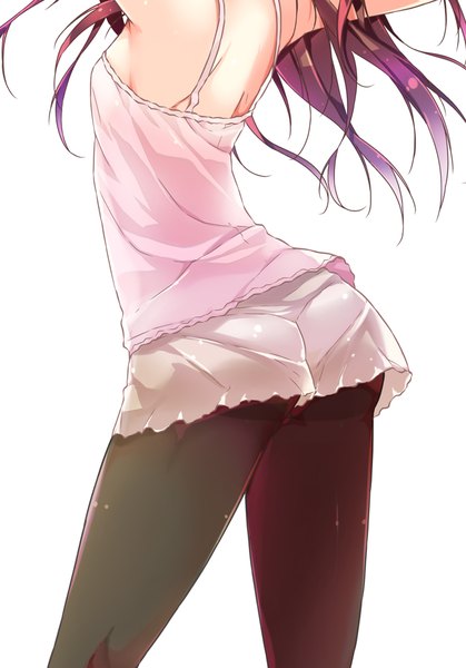 Anime picture 700x1003 with original porurin single long hair tall image light erotic simple background white background purple hair ass arms up sleeveless back flat chest head out of frame girl pantyhose camisole