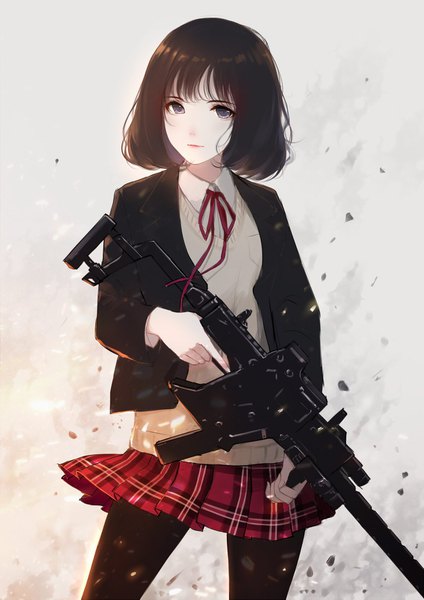 Anime picture 1200x1697 with original caidychen single tall image looking at viewer fringe short hair black hair simple background standing holding lips grey eyes plaid skirt skirt flip girl skirt uniform ribbon (ribbons) weapon