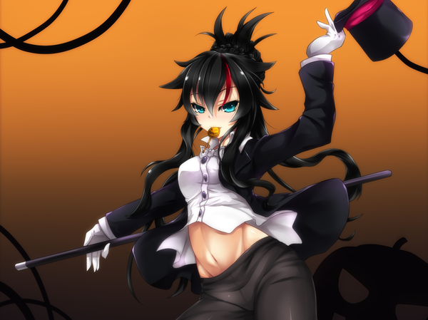 Anime picture 1451x1088 with original fi-san single long hair looking at viewer fringe breasts light erotic black hair holding aqua eyes heterochromia gradient background groin girl gloves navel shirt bowtie pants