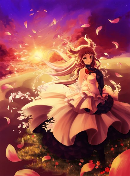 Anime picture 1474x2000 with dragon nest ulquiorra0 single long hair tall image looking at viewer brown hair yellow eyes sky cloud (clouds) evening sunset horizon landscape girl dress flower (flowers) petals