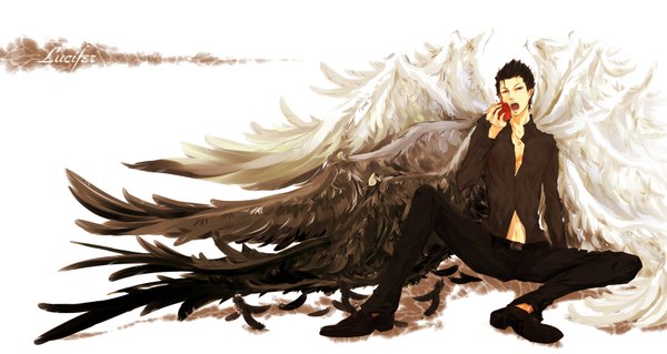 Anime picture 3566x1896 with el shaddai lucifel (el shaddai) highres short hair open mouth black hair simple background red eyes wide image white background sitting absurdres inscription open clothes open shirt eating black wings white wings boy wings