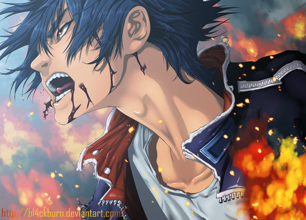 Anime picture 1527x1100 with air gear toei animation minami itsuki bl4ckburn fringe short hair open mouth brown eyes blue hair profile hair over one eye coloring torn clothes boy blood fire