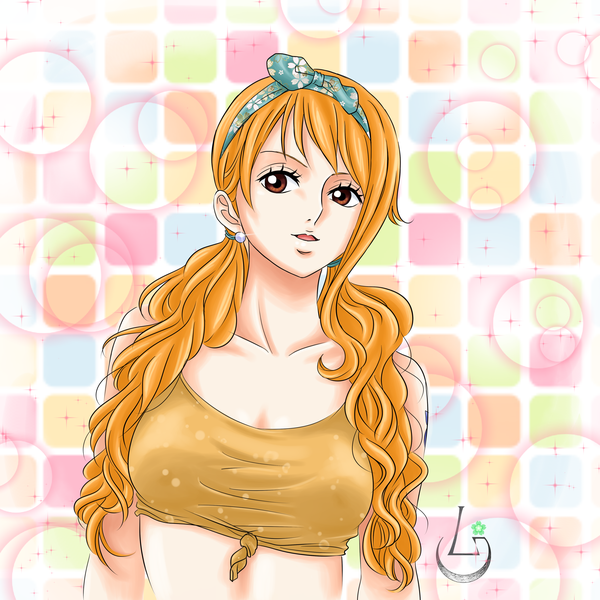 Anime picture 4134x4134 with one piece toei animation nami (one piece) ludovica single long hair fringe highres breasts open mouth twintails brown eyes signed looking away absurdres upper body orange hair sparkle low twintails girl