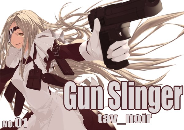 Anime picture 1200x848 with original shin (anbqqcb) single long hair simple background blonde hair smile white background brown eyes inscription maid girl gloves gun apron eyepatch pistol holster