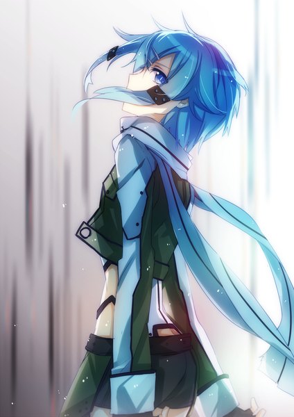 Anime picture 849x1200 with sword art online a-1 pictures asada shino jianmo sl single tall image looking at viewer highres short hair blue eyes standing blue hair profile girl gloves hair ornament jacket shorts scarf
