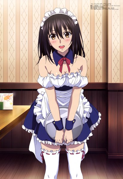 Anime picture 4083x5928 with strike the blood megami magazine himeragi yukina hashimoto maki single long hair tall image looking at viewer blush fringe highres open mouth black hair hair between eyes bare shoulders brown eyes absurdres cleavage :d official art