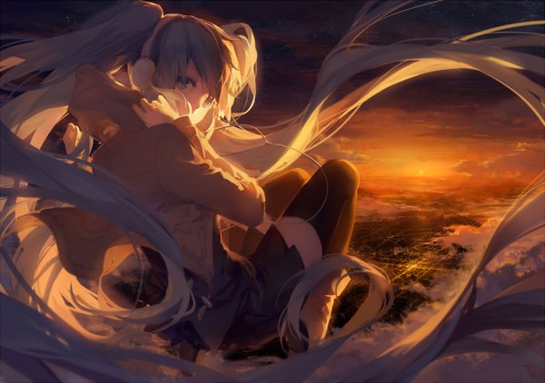 Anime picture 1400x986 with vocaloid hatsune miku rella single long hair looking at viewer blue eyes twintails blue hair cloud (clouds) pleated skirt from above sunlight open clothes open jacket city evening sunset cityscape flying