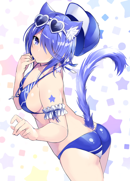 Anime picture 1295x1812 with original kurebayashi noe single tall image looking at viewer blush fringe short hair breasts blue eyes light erotic simple background large breasts standing white background animal ears payot blue hair cleavage ass