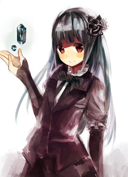 Anime picture 1500x2059 with original sencha (senta 10) ukiukisoda single tall image looking at viewer fringe black hair simple background smile red eyes standing white background very long hair hair flower girl hair ornament flower (flowers) bow rose (roses)