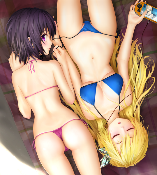 Anime picture 1799x2000 with kantai collection boku wa tomodachi ga sukunai shimakaze destroyer kashiwazaki sena mikazuki yozora aki99 long hair tall image looking at viewer blush highres short hair breasts light erotic black hair blonde hair multiple girls ass lying eyes closed