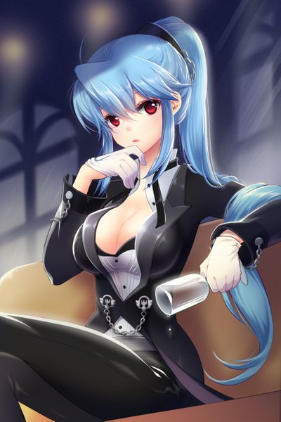 Anime picture 1771x2657 with sword girls luticar bittersweet (dalcoms) single long hair tall image looking at viewer highres breasts light erotic red eyes sitting blue hair ponytail girl gloves chain couch wine glass