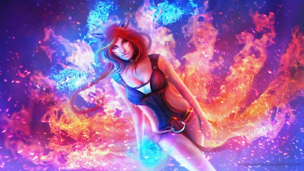 Anime picture 1920x1080 with league of legends ahri (league of legends) magicnaanavi single long hair looking at viewer highres light erotic wide image standing bare shoulders animal ears red hair tail animal tail orange eyes fox ears magic facial mark fox tail
