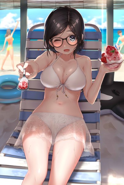 Anime picture 2362x3496 with original takebi long hair tall image looking at viewer blush fringe highres short hair breasts open mouth blue eyes light erotic black hair smile hair between eyes brown hair large breasts sitting bare shoulders